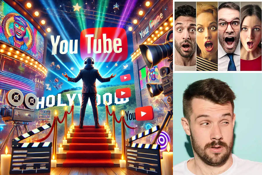 YouTubers like MrBeast merging with Hollywood: Social media stars on a film set with cameras and the Hollywood sign in the background, symbolizing the convergence of digital creators and traditional entertainment.