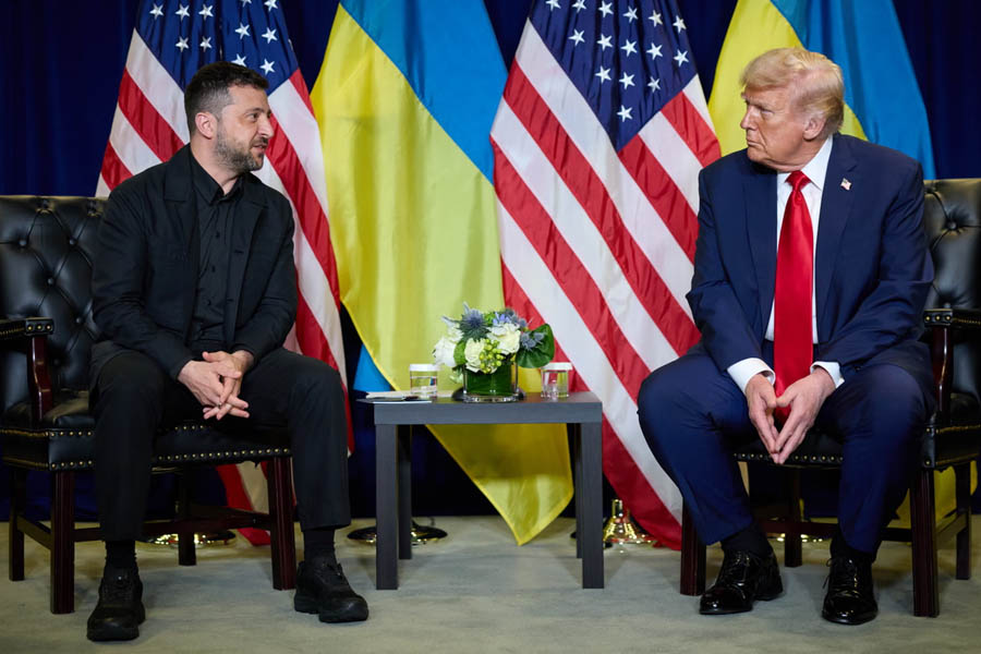Volodymyr Zelenskyy and Donald Trump seated together during a meeting in September 2025.